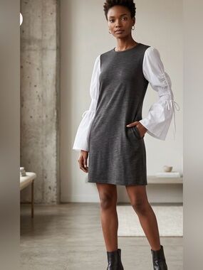Contrast Long Sleeve Shift Dress in Dark Gray and White